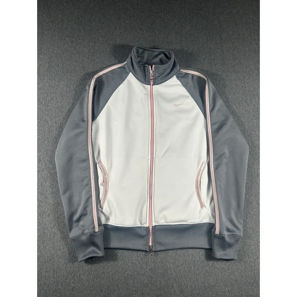 Nike Girls' Vintage Full-Zip Track Jacket Grey White Pink Size M (8-10)